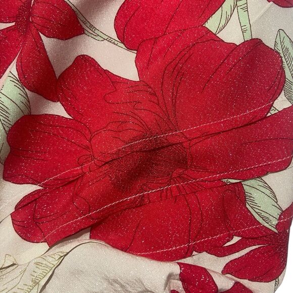BOG Collective Blouse Crop Top Women S Red Cream Floral Shimmer Balloon Sleeve - Picture 10 of 10